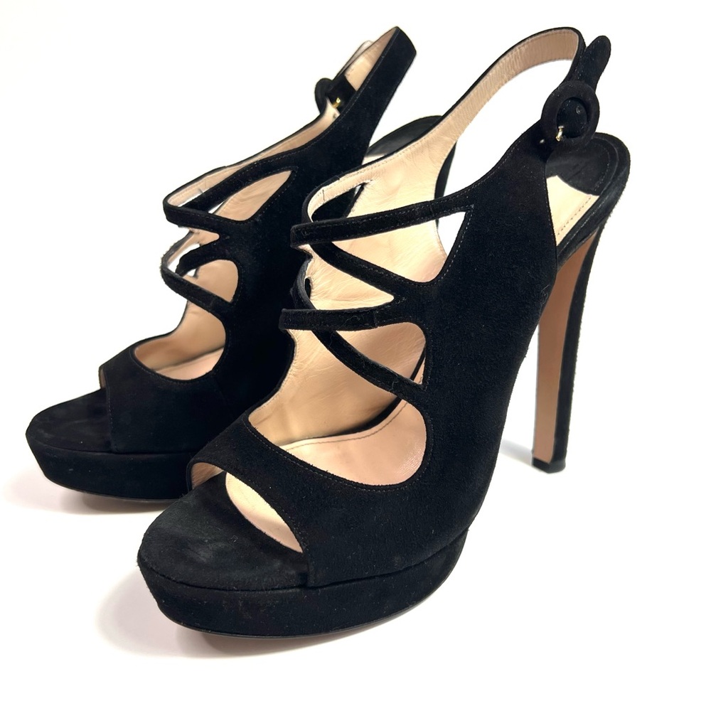 Prada Black Suede Platform Slingback Sandals Size 37.5 - Picture 3 of 12